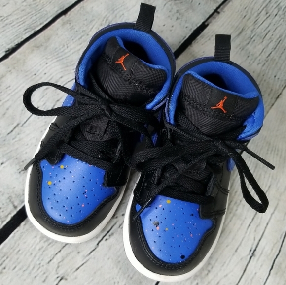 Jordan 1 Mid Hyper Paint Splatter 7C Toddler Blue Black - Picture 2 of 16